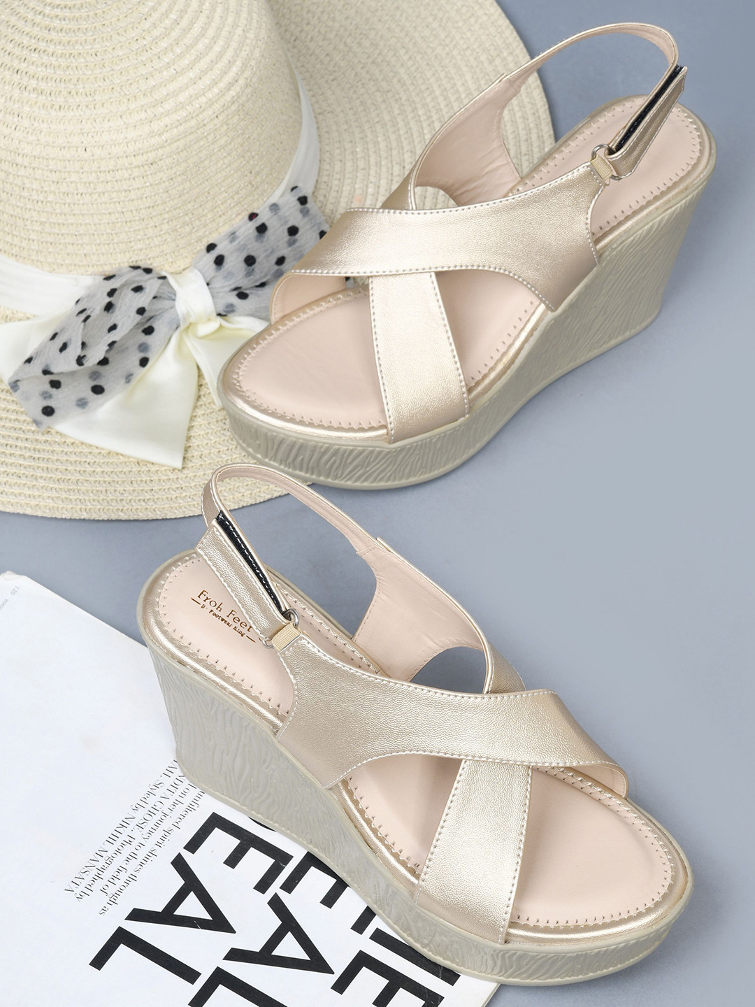 Froh Feet Women Textured Cross Strap Slingback Wedge Heel Sandals
