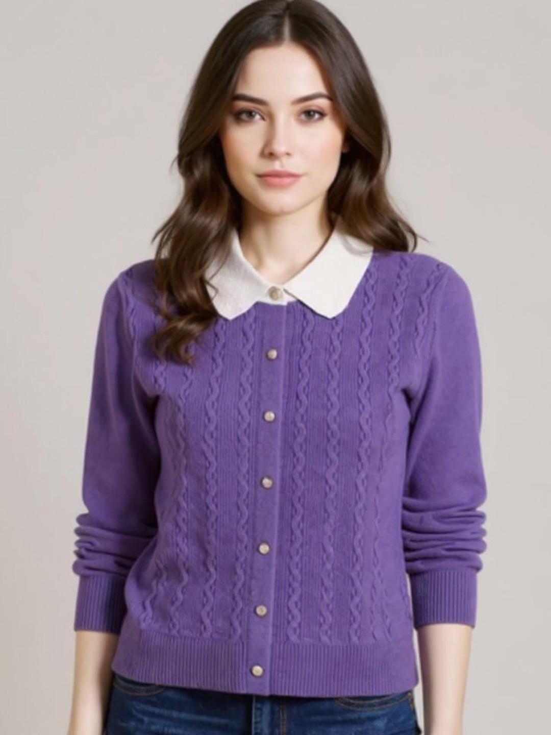 bebe Women Striped Self Design Shirt Collar weaters