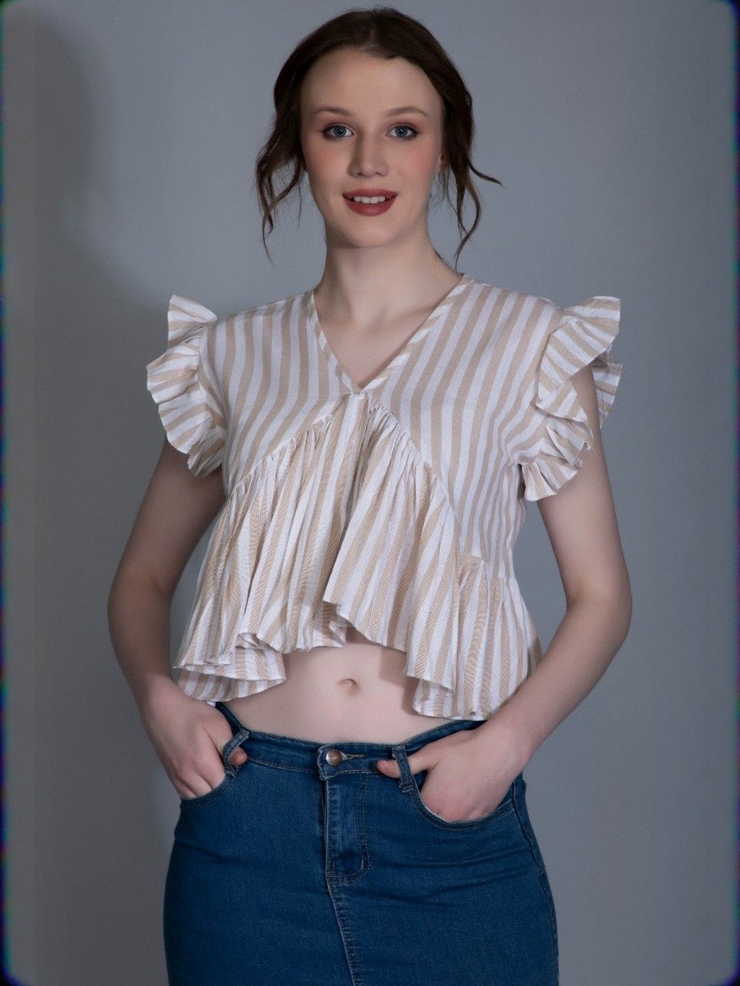 LERIYA FASHION Brown V-Neck Striped Flared Sleeves Cotton Casual Top