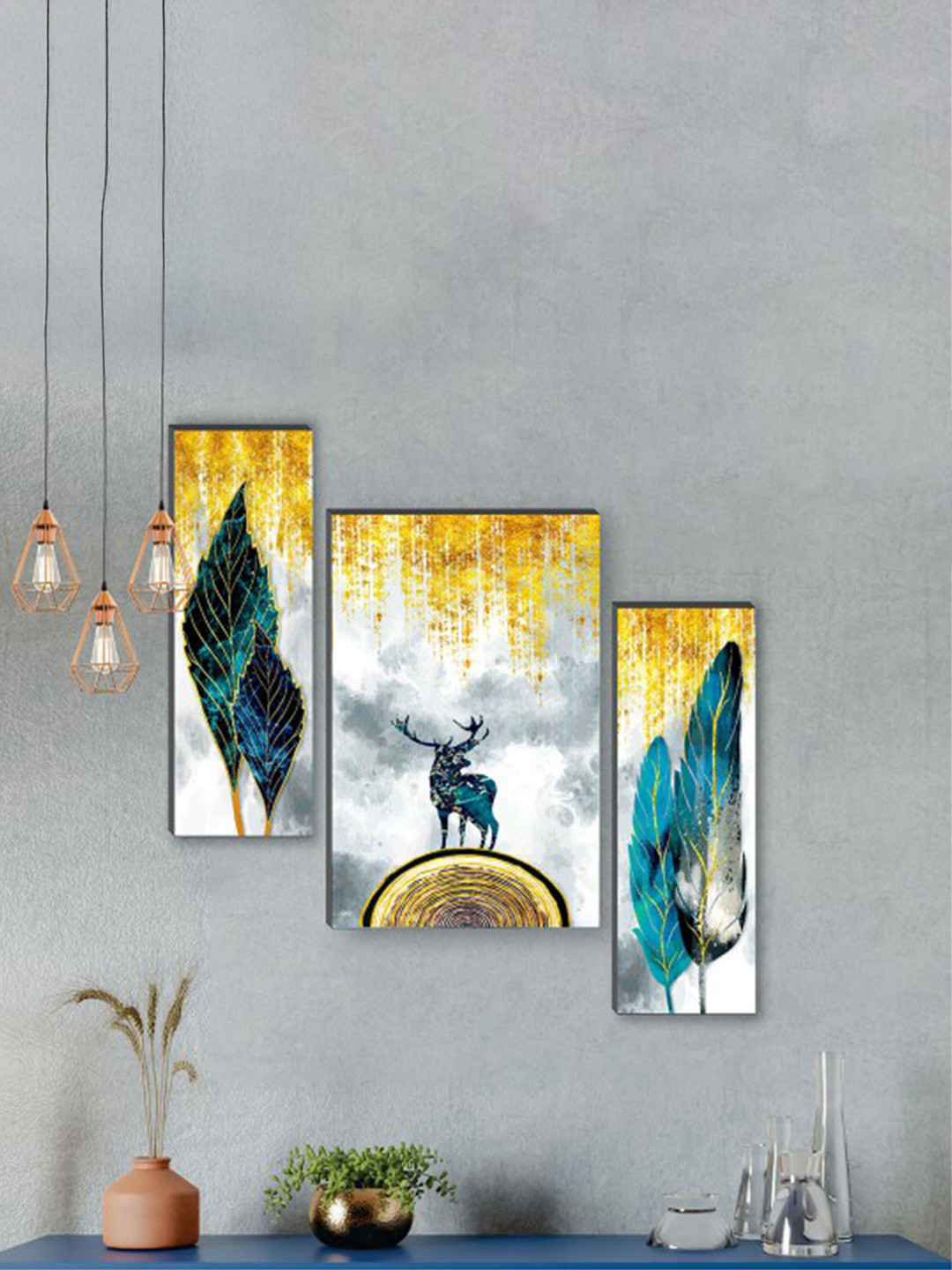 SAF Yellow & Blue 3 Pieces Pretty Flowerpot UV Textured Self Adhesive Framed Wall Painting