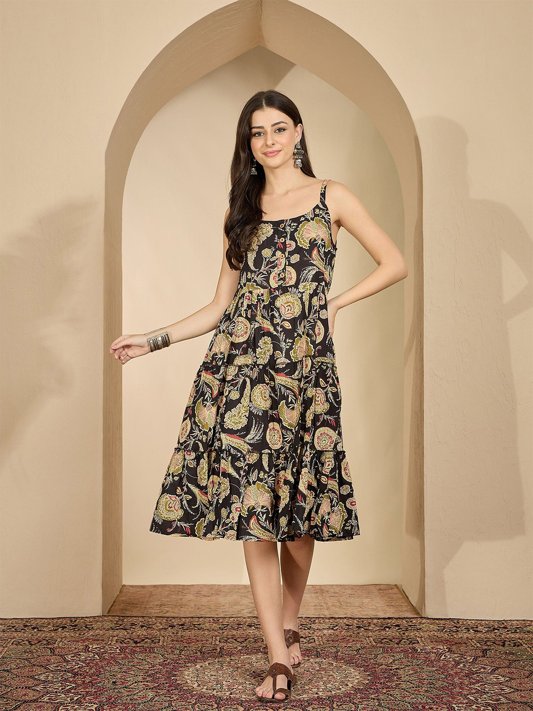 VANSIRI Women Ethnic Motifs Printed Shoulder Straps A-Line Dress