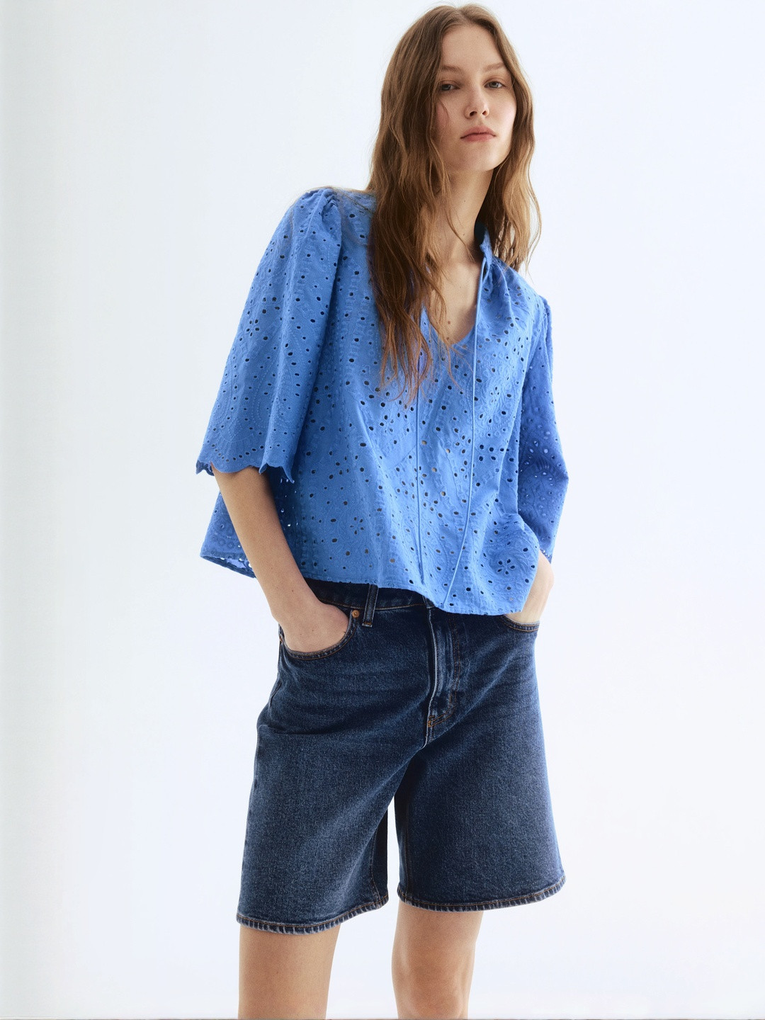 H&M Women Broderie Anglaise Blouse 1282574003-Blue