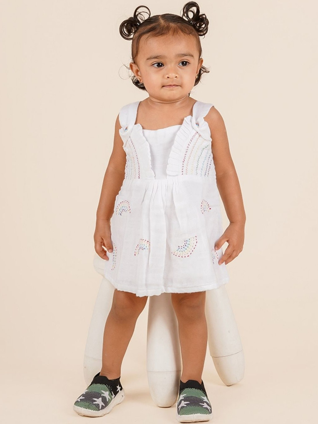 LOYZO-LOYAL TO JOY Girls White Satrapy Embroidered Fit & Flare Dress