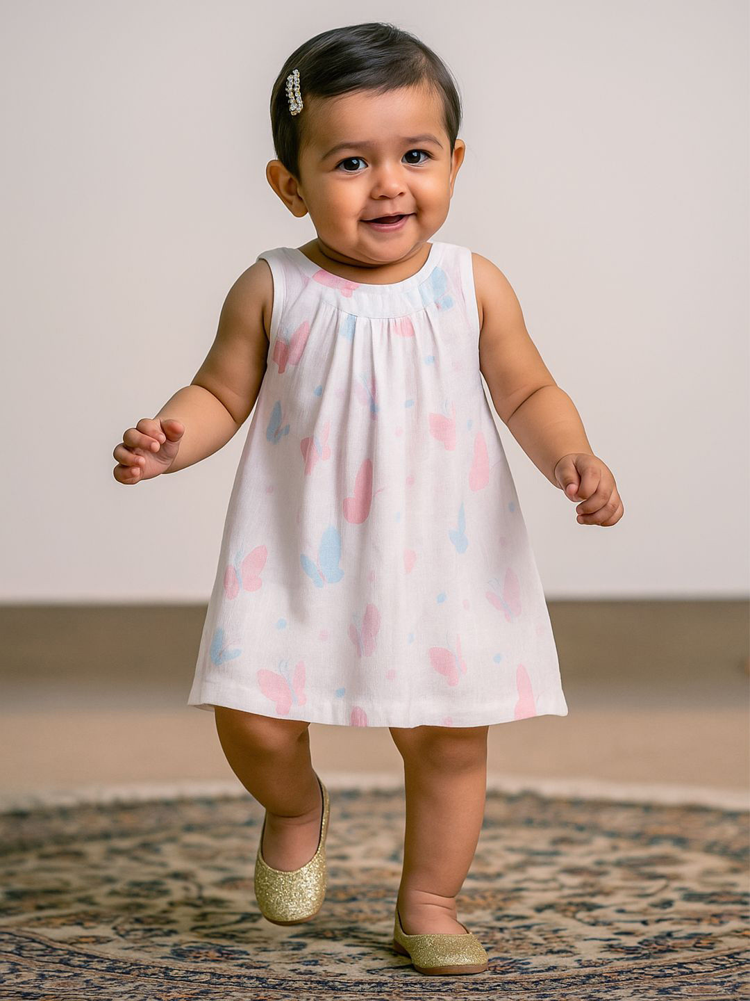 Nuego Girls Butterfly Print Pure Organic Cotton Muslin Zip Frock