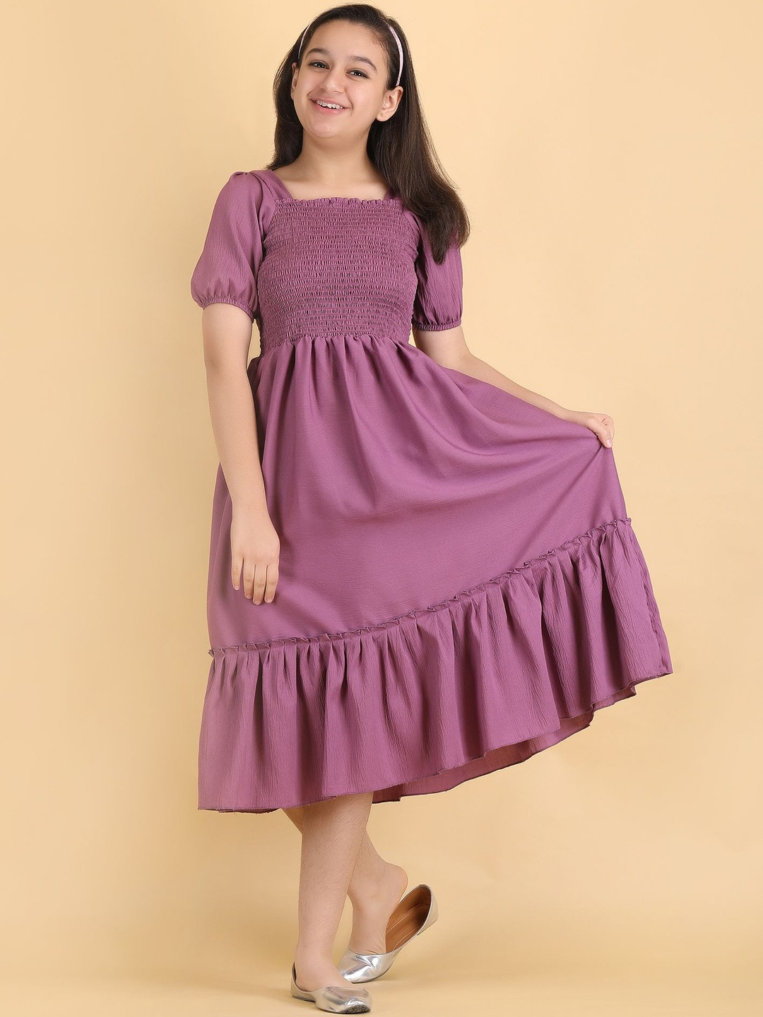 PaheliRani Girls Pink Solid Puff Sleeve Polyester Fit & Flare  Puff Sleeve Midi Dress