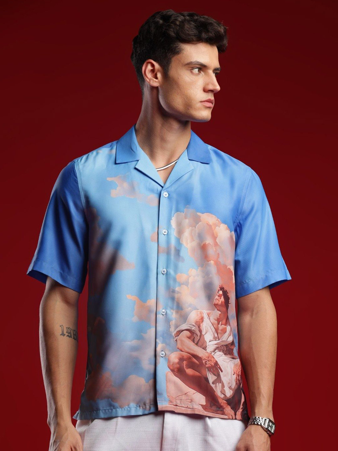 I'M HERE Unisex Relaxed Fit Graphic Printed Cuban Collar Casual Shirt