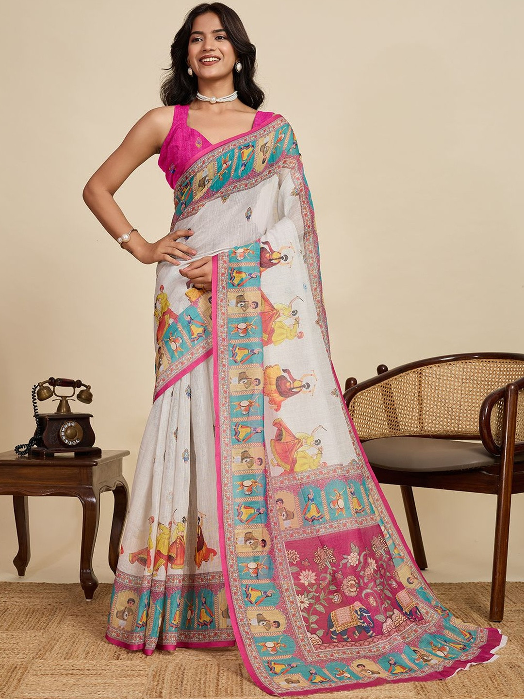 KALINI Ethnic Motifs Border Zari Saree With Matching Blouse Piece