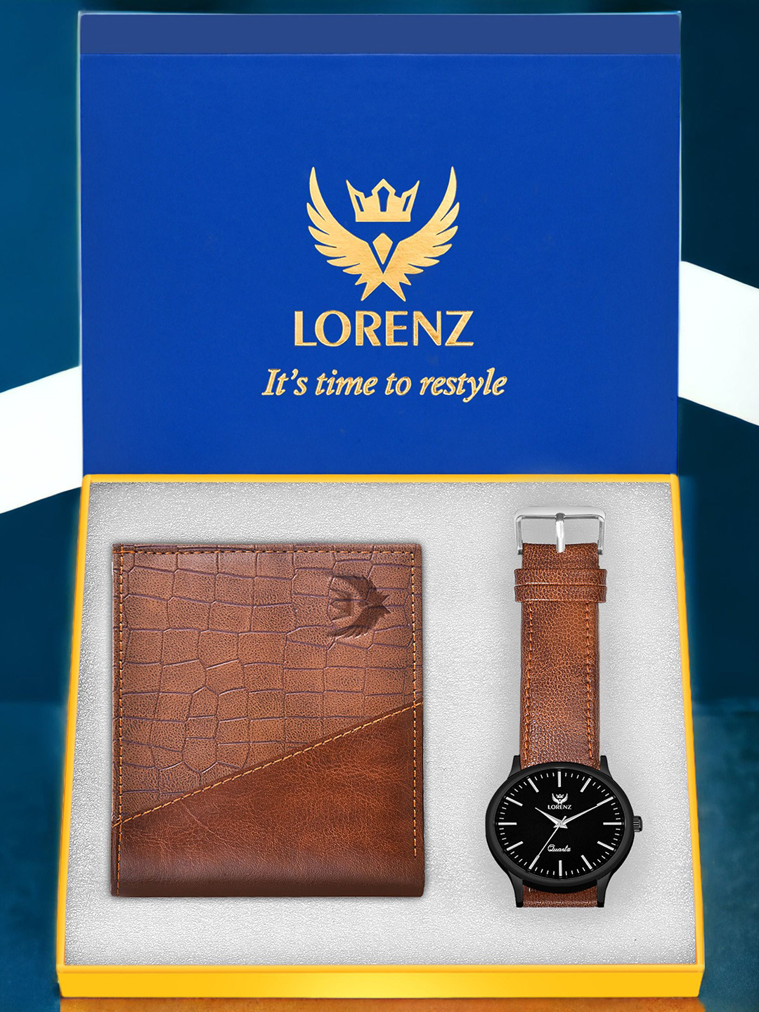 LORENZ Men Black Dial Watch & Tan Wallet