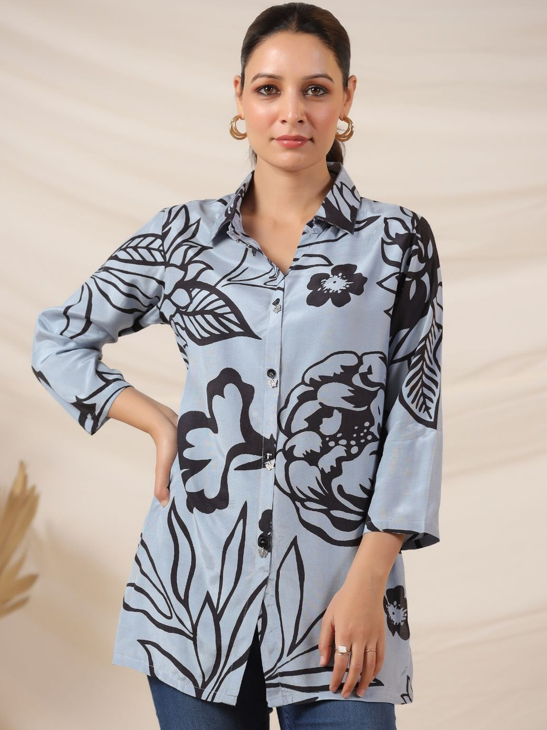 KALINI Women Iceberg Blue Bold Floral Russian Silk Shirt Collar Tunic