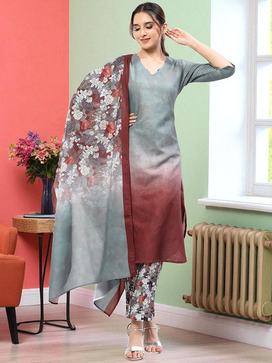 MORDEN MUSE Ombre Dyed Straight Kurta With Trousers & Dupatta