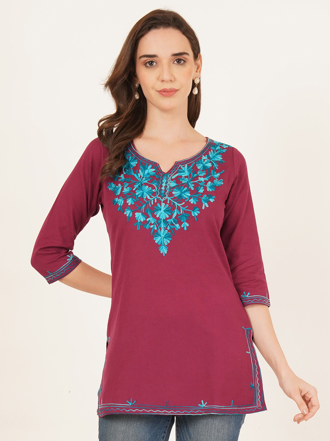 Brownverse  Women Cotton Embroidered Short Kurta