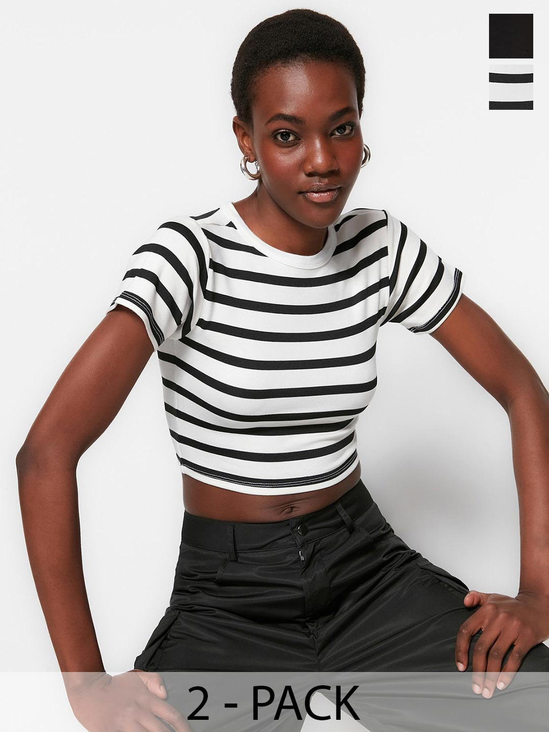 Trendyol Black-Ecru Women Pack of 2 Striped Round Neck Fitted Crop Top