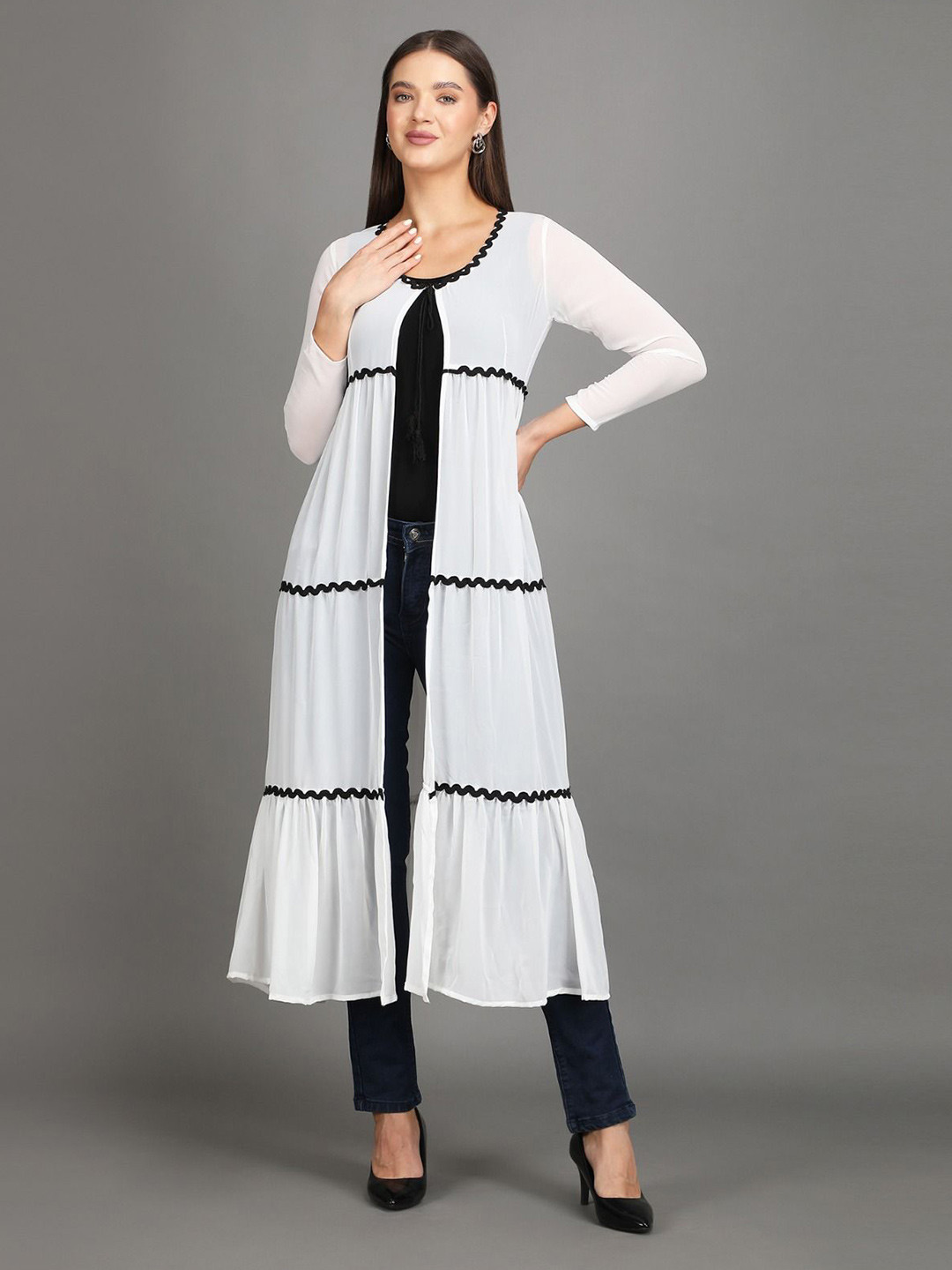 Dubai Collection Women Striped V-Neck Open Front Longline Shrug