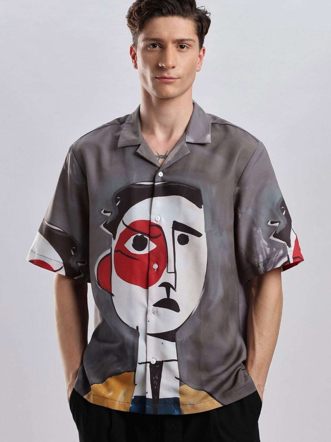 I'M HERE Unisex Relaxed Fit Graphic Printed Cuban Collar Casual Shirt