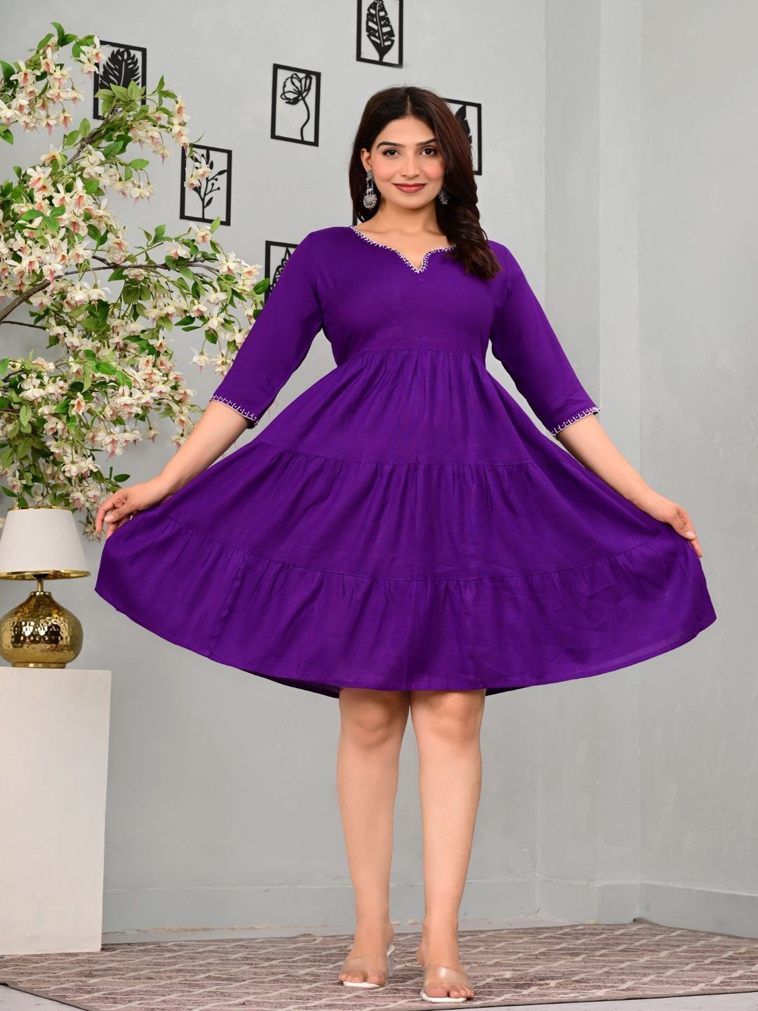 Purple Solid Fit & Flare Knee Length Dress