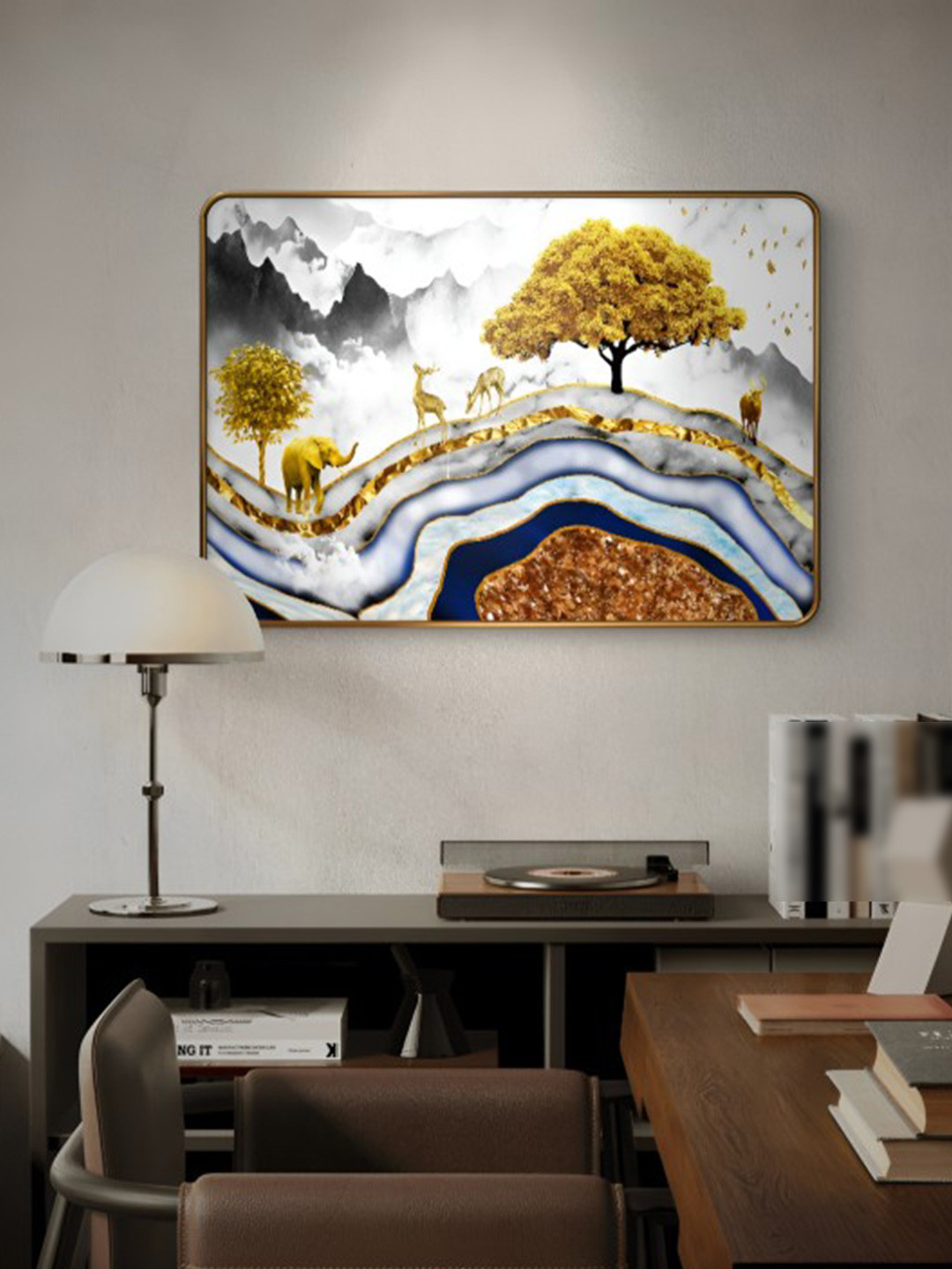 SAF White & Black Couple deer Sparkle Lamination Finished Wood Wall Painting