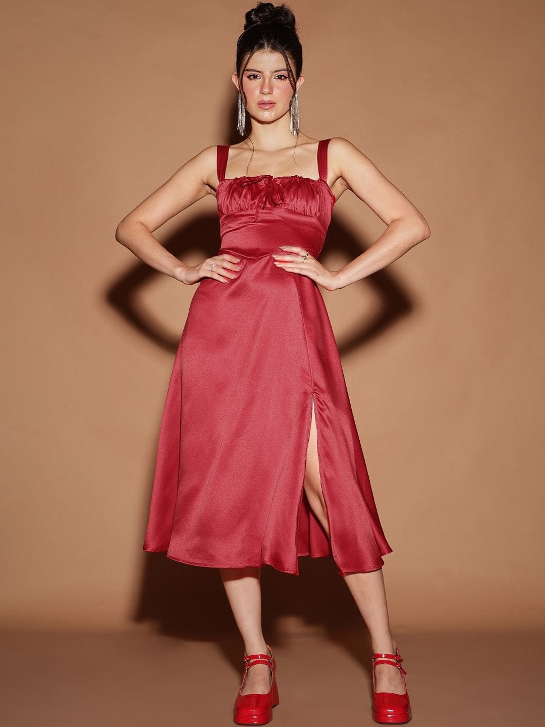 STREET 9 Shoulder Straps Satin Corset Midi Dress