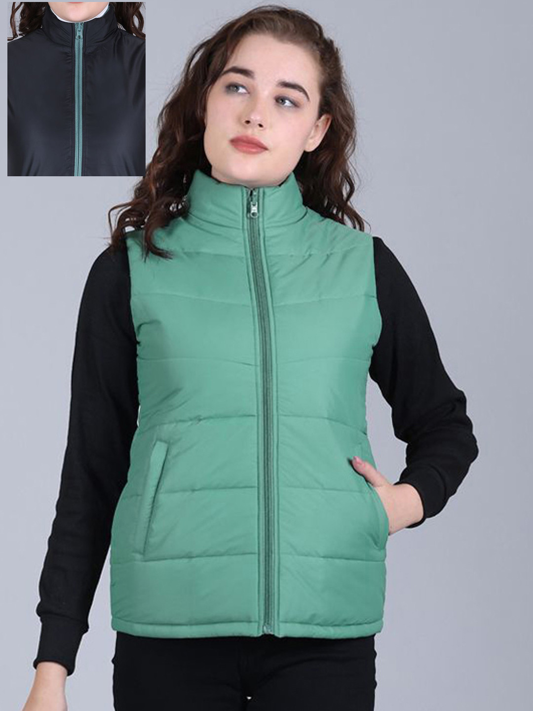 Rare Times Women Mock Collar Solid Reversible Gilet Jacket
