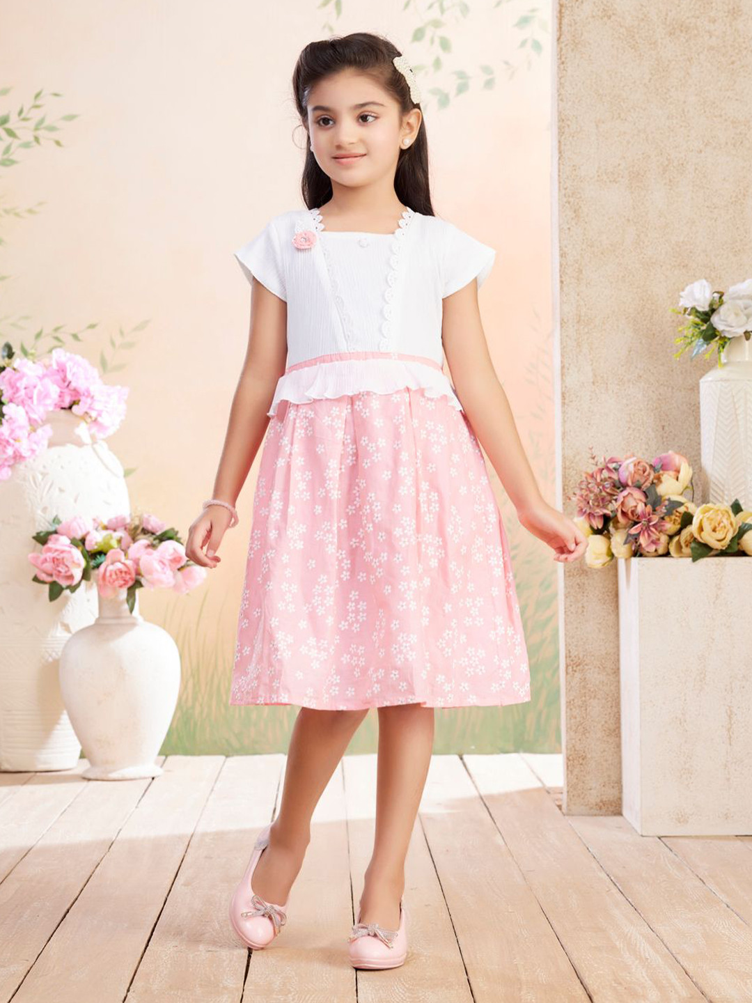 BAESD Girls Floral Self Design Lace Insert Fit & Flare Dress