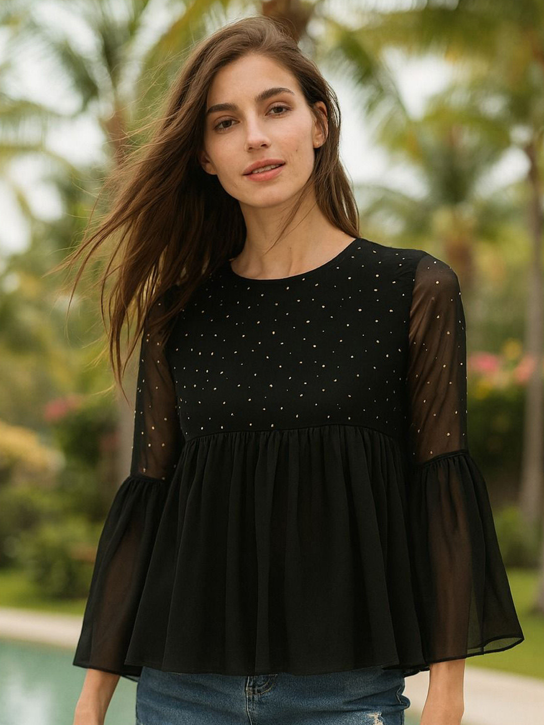 4WRD by Dressberry Women Embellished Bell Sleeve Peplum Top