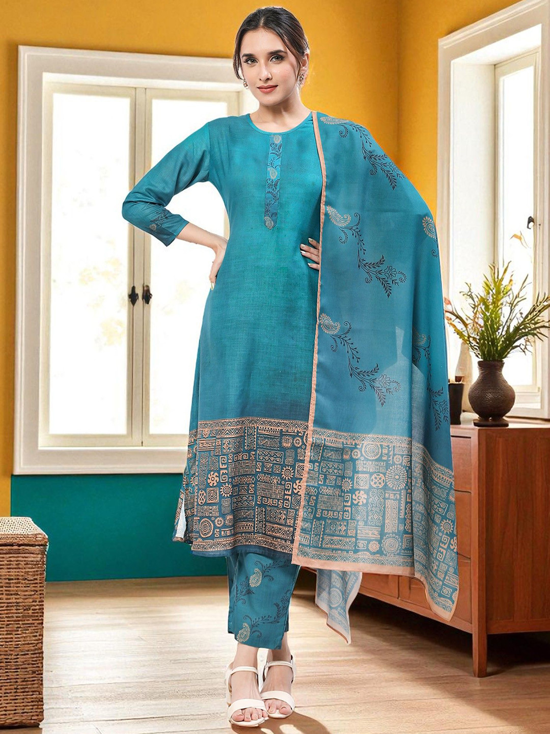 MORDEN MUSE Ethnic Motifs Printed Straight Kurta With Trousers & Dupatta