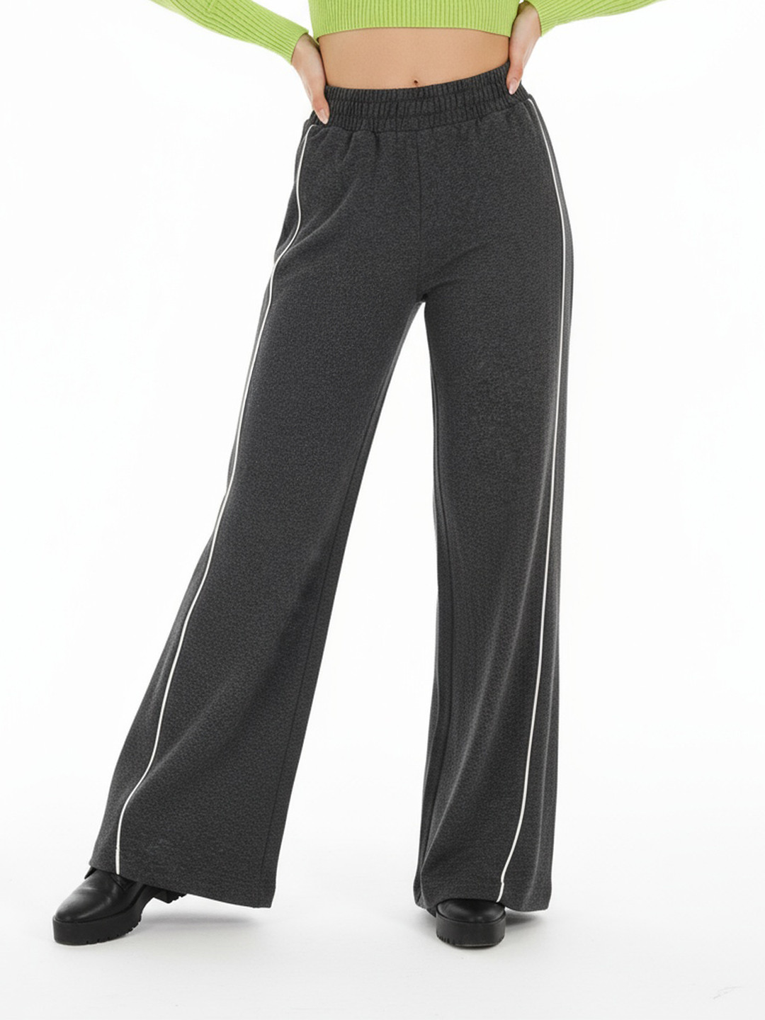 glitchez Women Cotton Terry Wide Leg Track Pants With Piping Detail