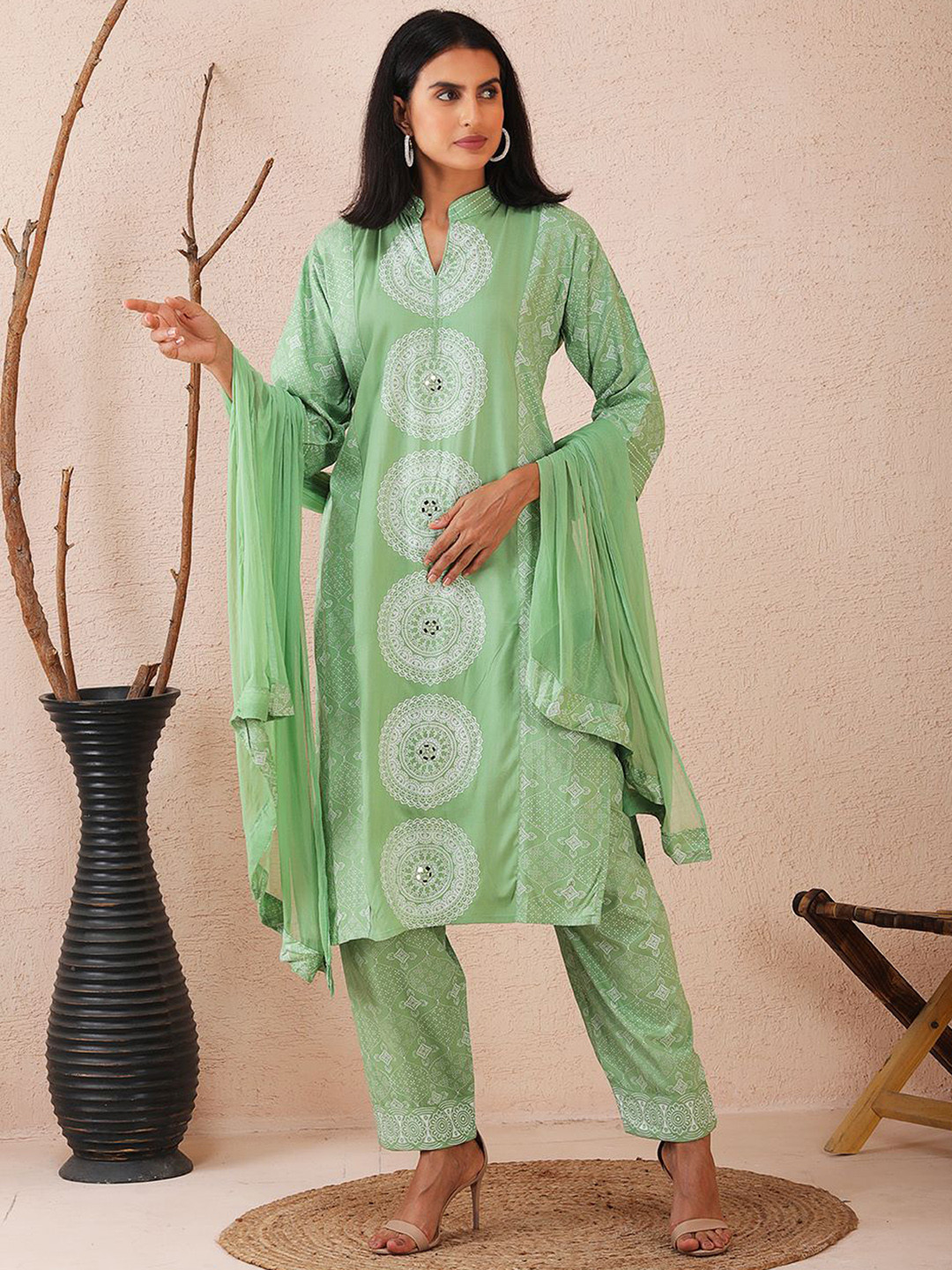 Sold For Style Ethnic Motifs Printed Mirror Work Pure Cotton Kurta With Trousers & Dupatta