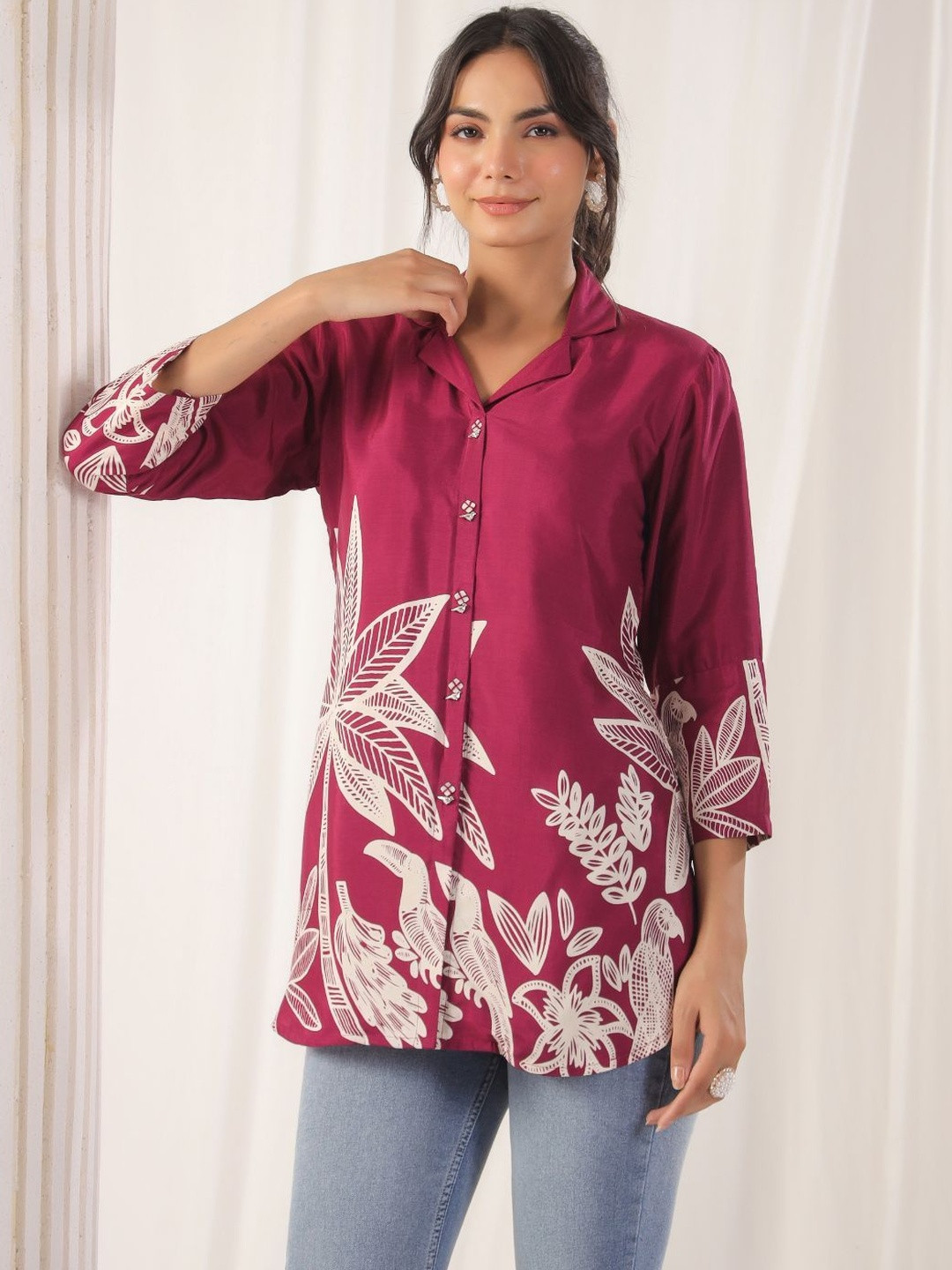 KALINIWine Bold Floral Notch Collar Russian Silk Tunic