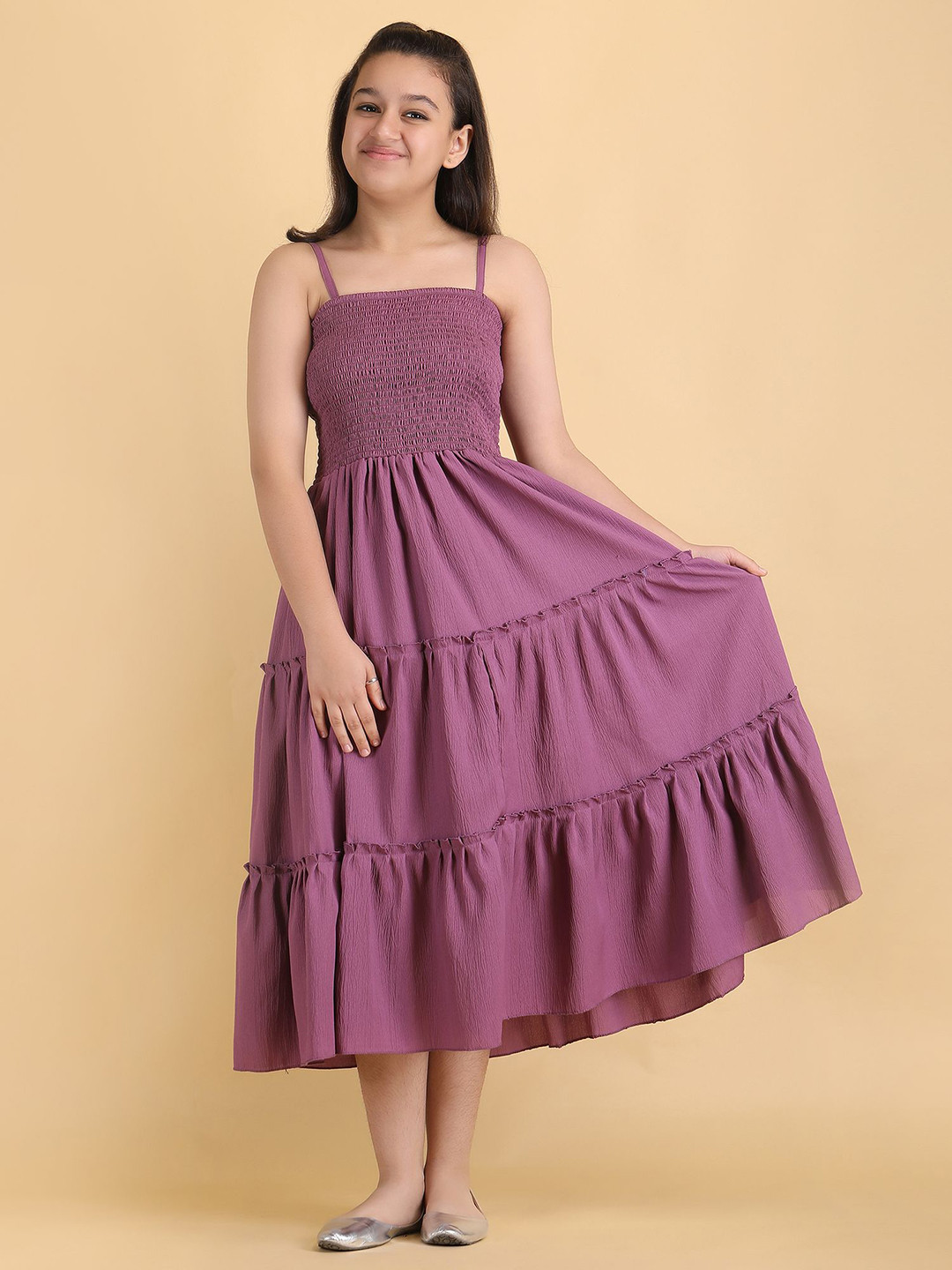 Pinly Girls Self Design Shoulder Straps Smocked Tiered Fit & Flare Midi Dress