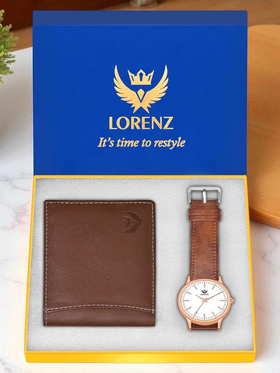 LORENZ Men Accessory Gift Set of Slim White Dial Watch & Tan Wallet