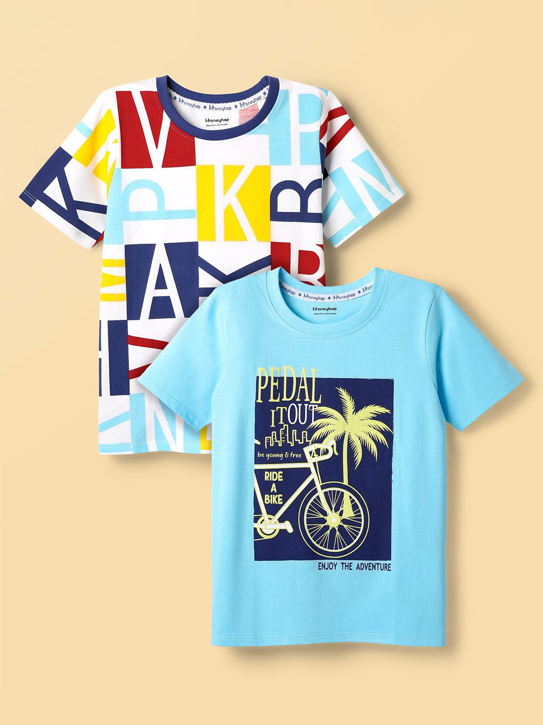 Honeyhap Boys Pack Of 2 Cotton Blend Typography Printed T-shirt