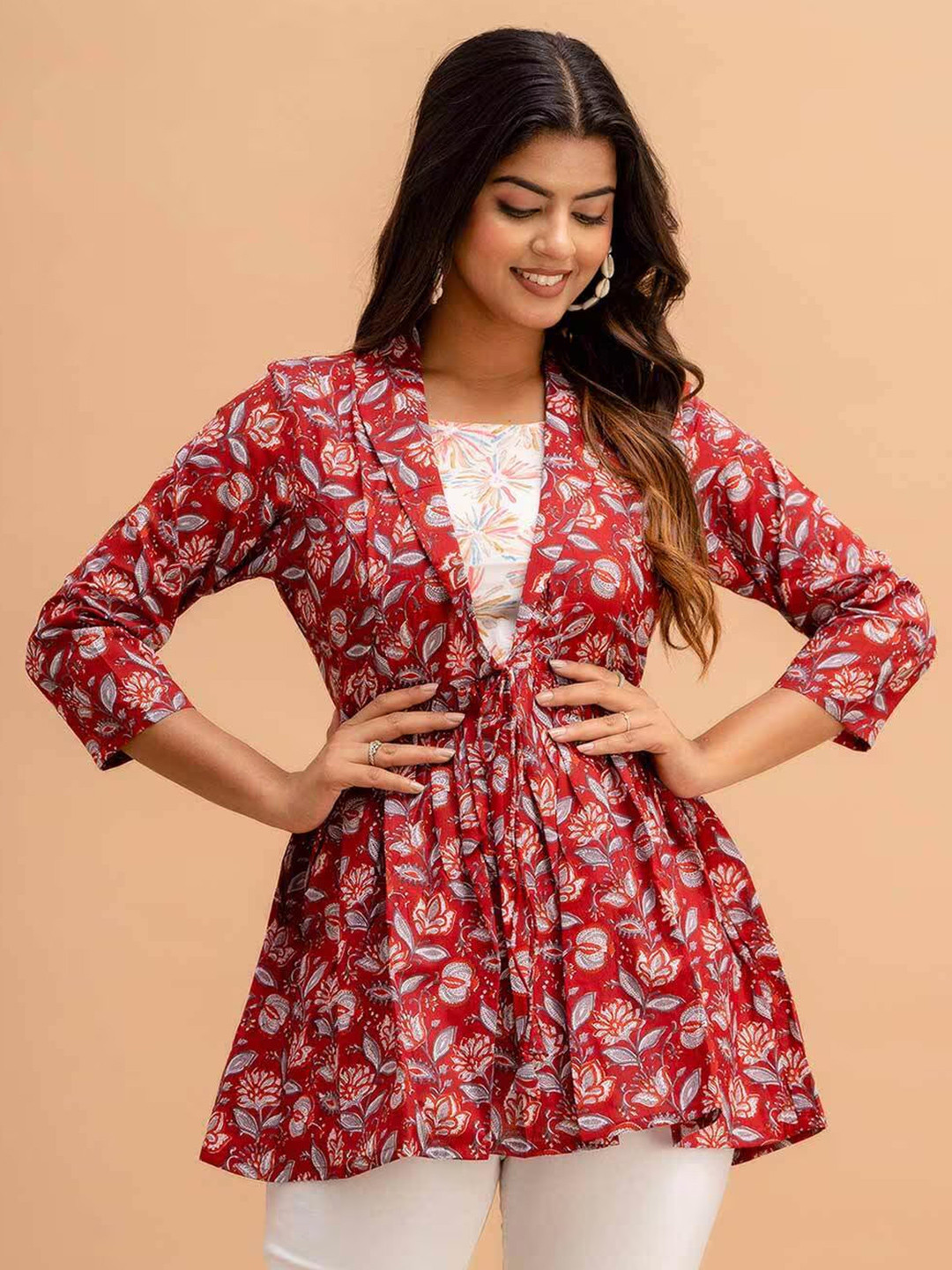 LIVING ROOTS Floral Block Printed Shawl Neck Pure Cotton A-Line Casual Short Kurti