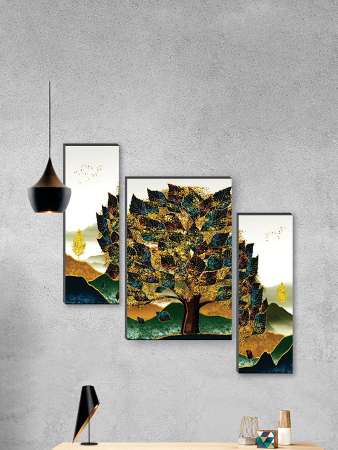 SAF Green 3 Pcs Pretty Flowerpot UV Textured Self Adhesive Framed Painting Wall Art