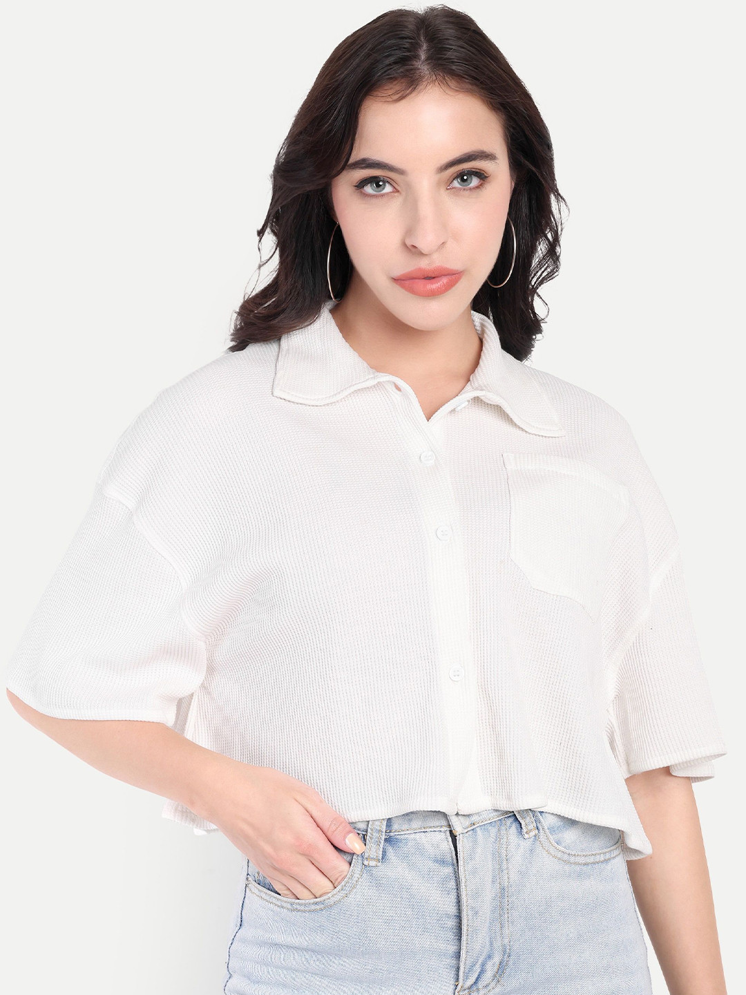 TEES HUB Women Oversized Fit Textured Spread Collar Casual Shirt