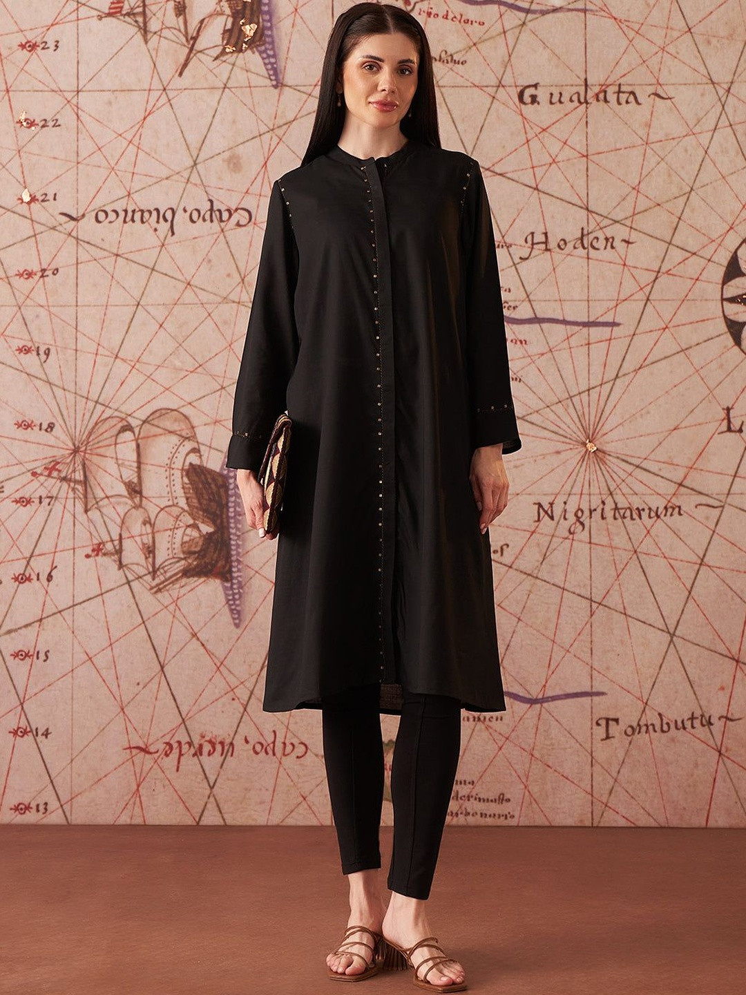 Lakshita Women Black Modal Solid With Sequence With Long Sleeves Kurta