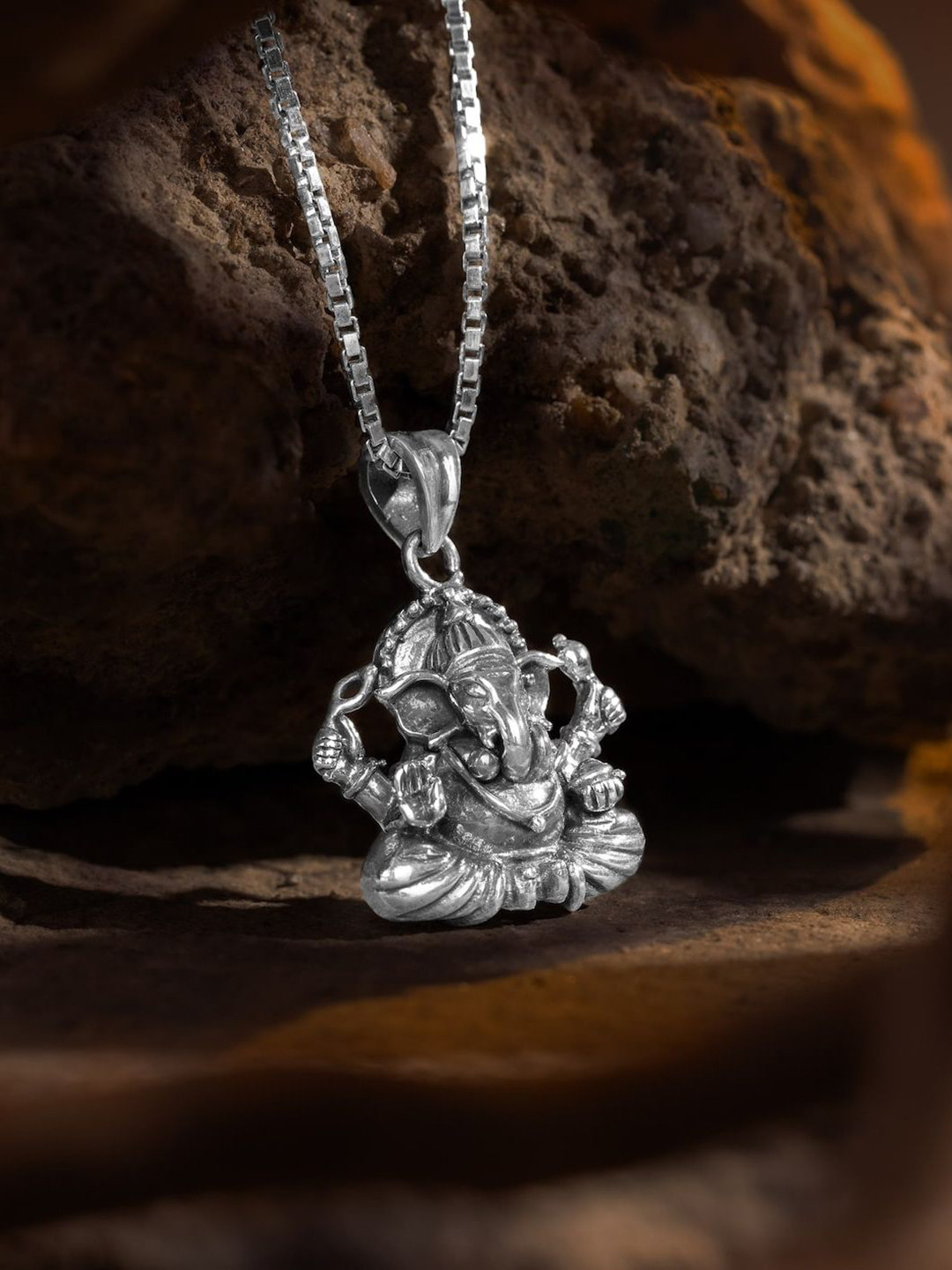 ORIONZ Men Sterling Silver Oxidised Ganeshji Shaped Pendant