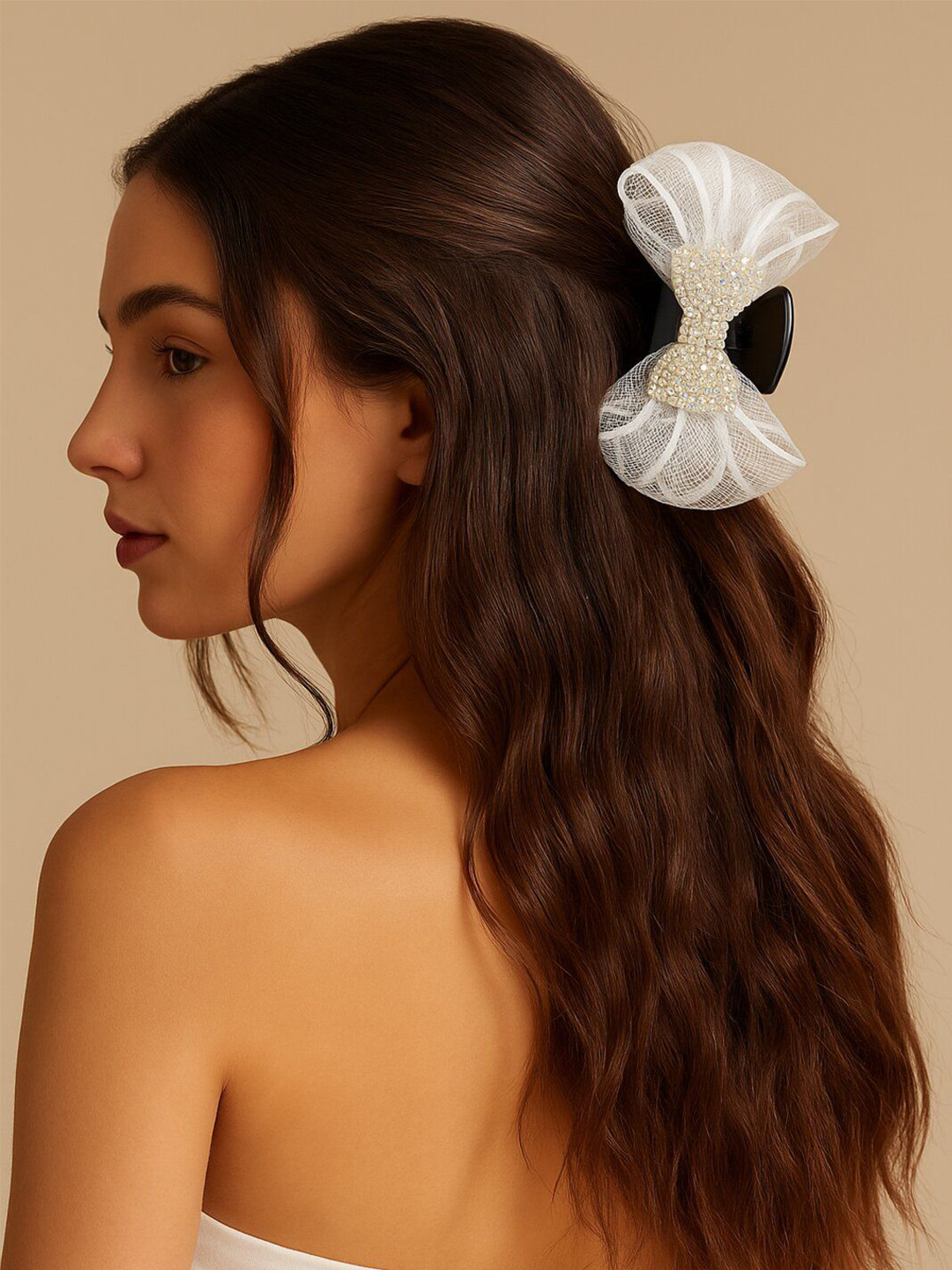 Haute Handles Women Net Bow Hair Claw Clip with Sparkling Rhinestone