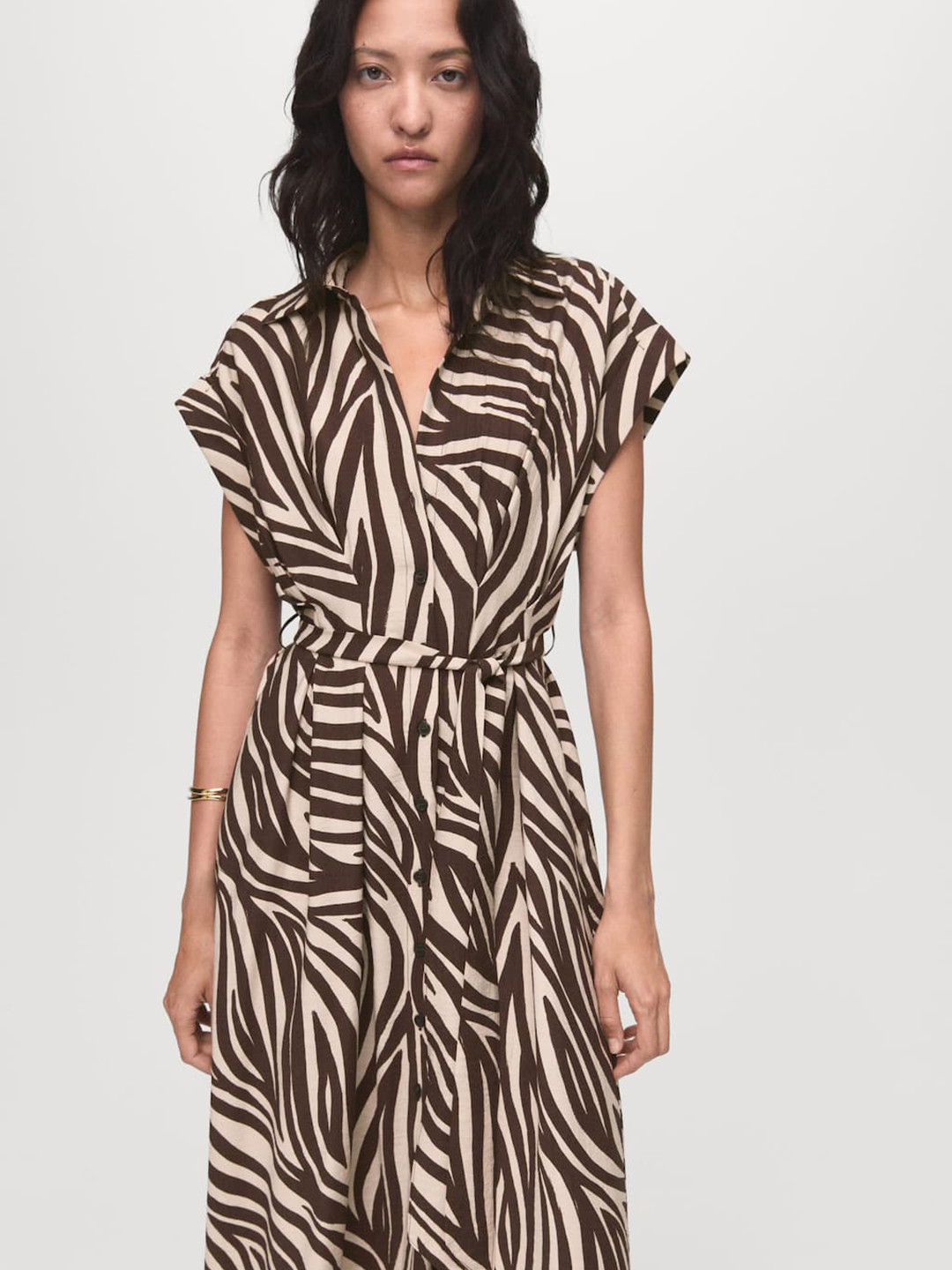 MANGO Zebra Print Belted Shirt Midi Dress
