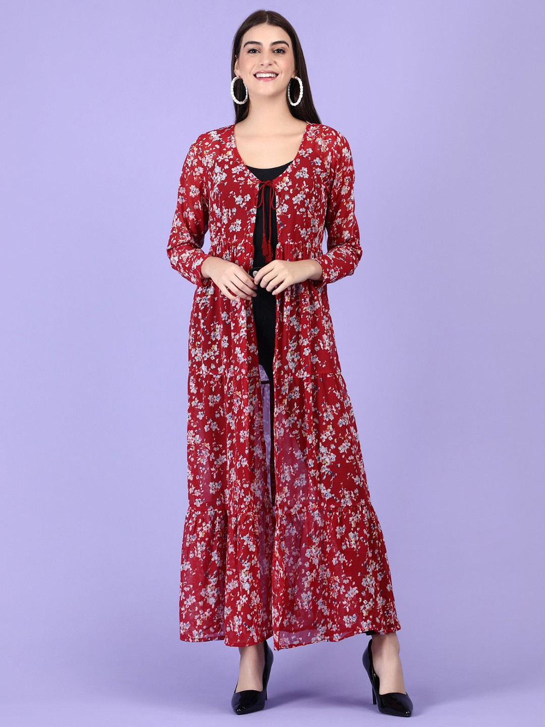 Dubai Collection Floral Printed V-Neck Longline Shrug