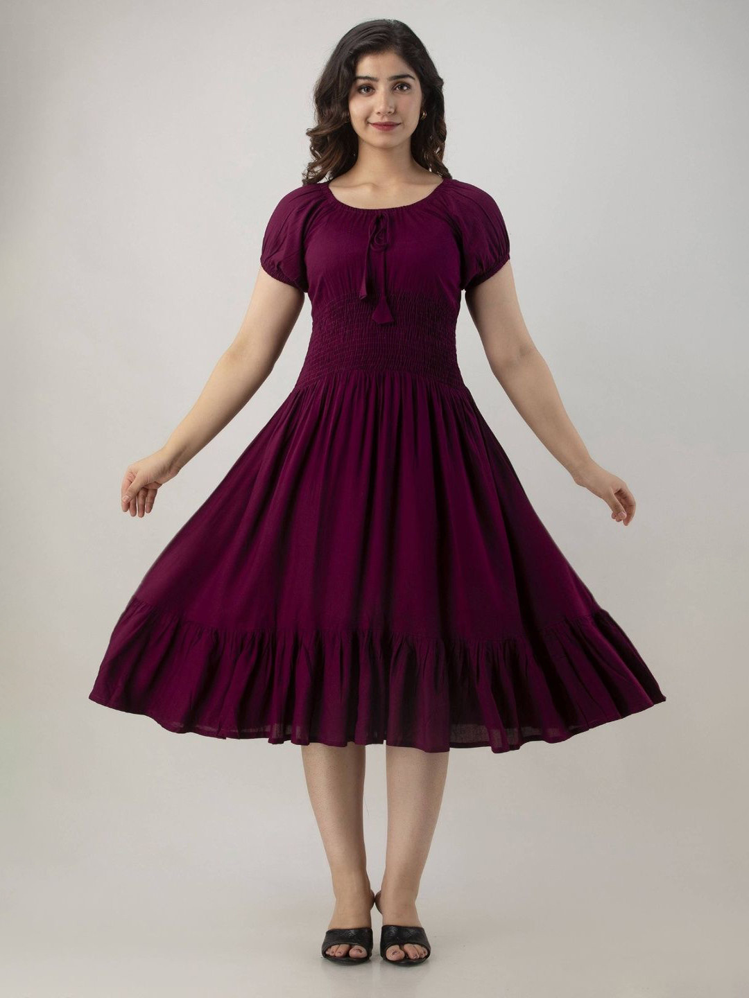 Colorful Collection Women Solid Puff Sleeve Fit & Flare Midi Dress