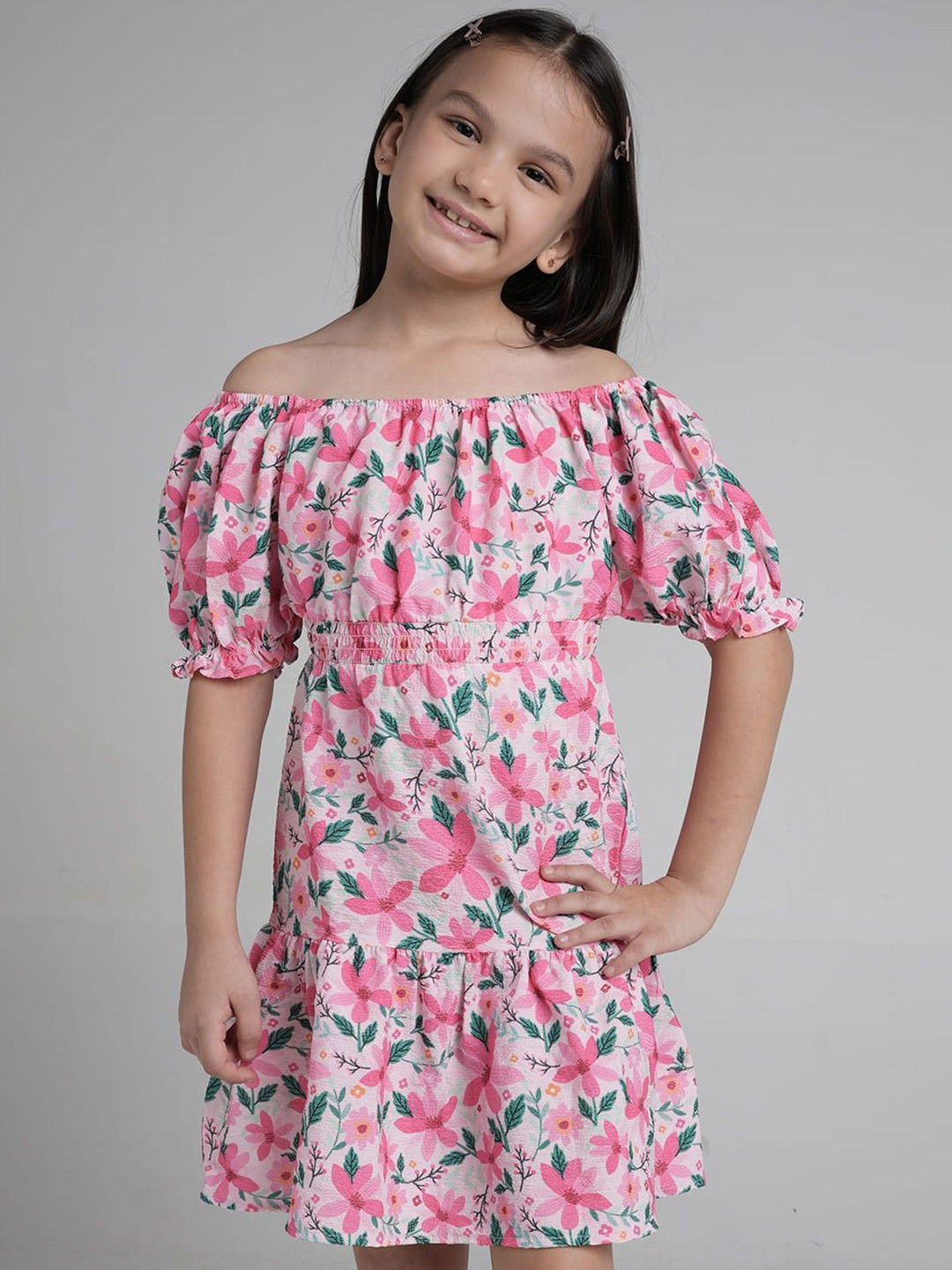 UNDER FOURTEEN ONLY Girls Floral Printed Off-Shoulder Puff Sleeve Drop-Waist Dress