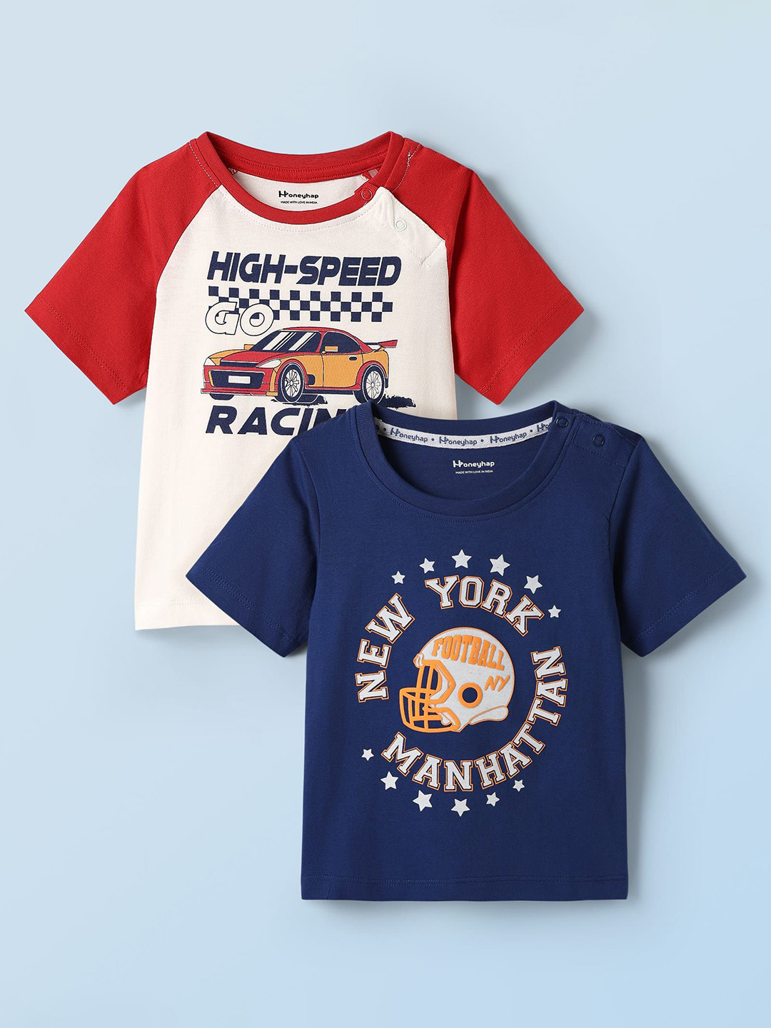 Honeyhap Boys Pack Of 2 Cotton Blend Half Raglan Sleeves & Typography Printed T-shirt