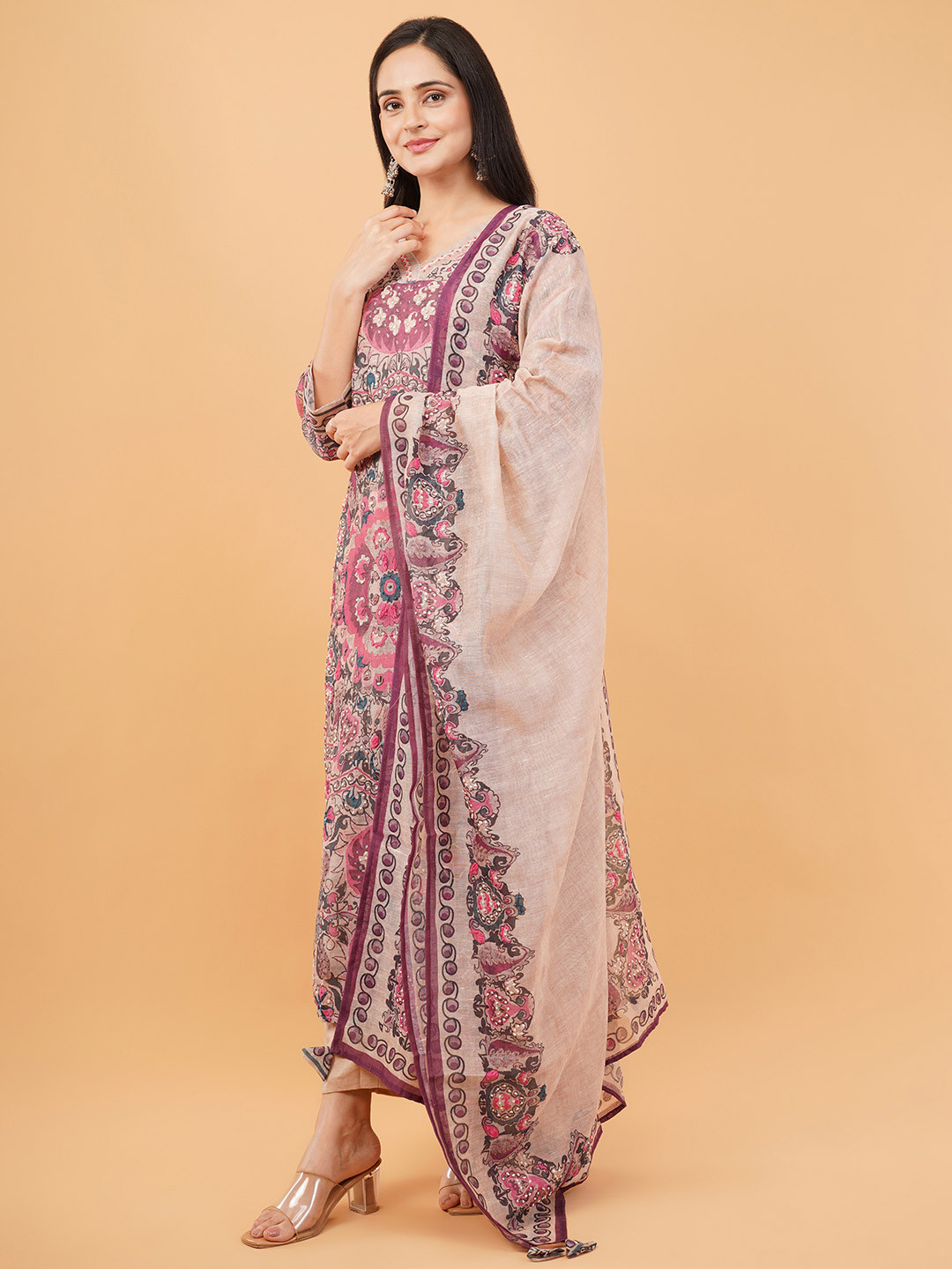 Purpple Infinity Paisley Printed Sequinned Pure Cotton Kurta With Trousers & Dupatta