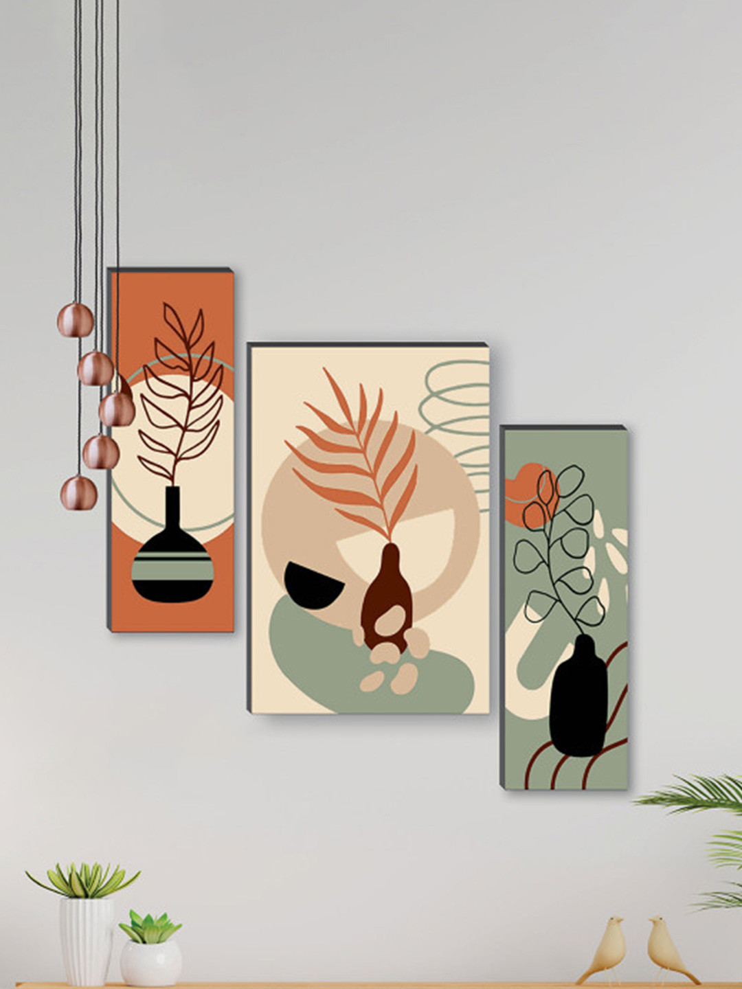 SAF Beige & Green 3 Pieces Preety Flower Pot Painted UV Textured Self Adeshive Wall Art