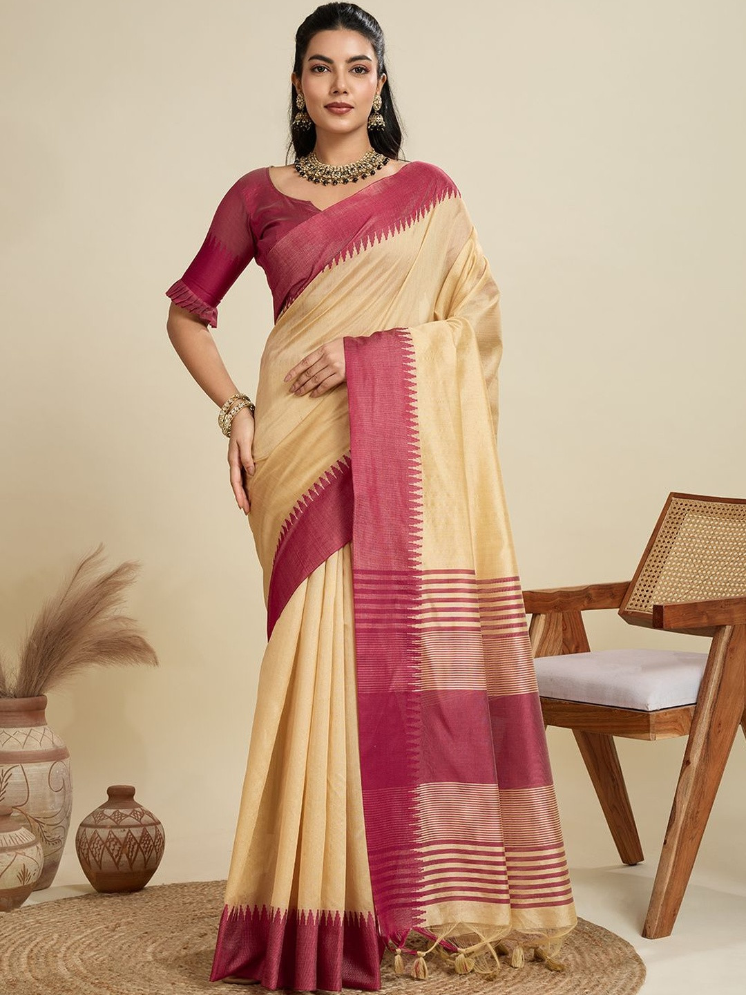 KALINI Women Beige Khadi Silk Temple Weaving Sarees With Blouse Piece