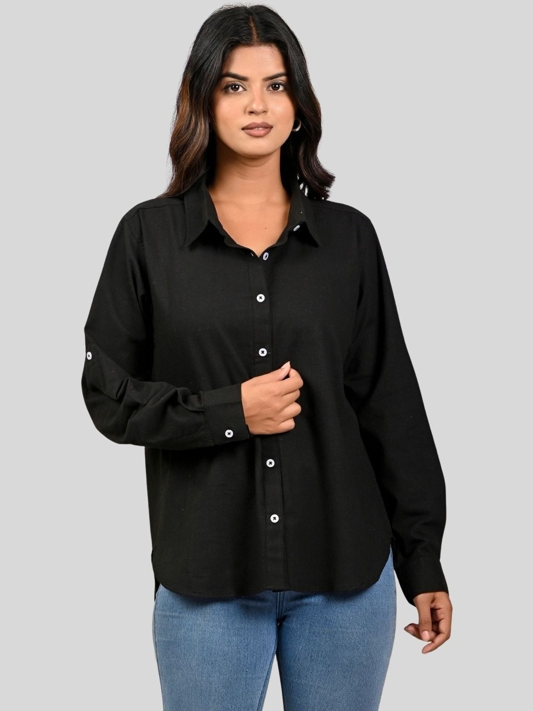 QUACLO Women Black Linen Comfort Slim Fit Casual Shirt