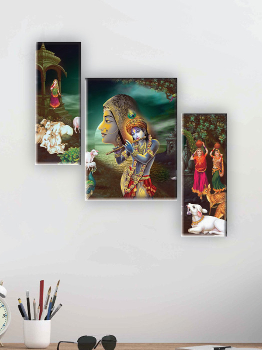 SAF Green & Red 3 Pieces Radha Krishna Painted UV Textured Self Adhesive Wall Art