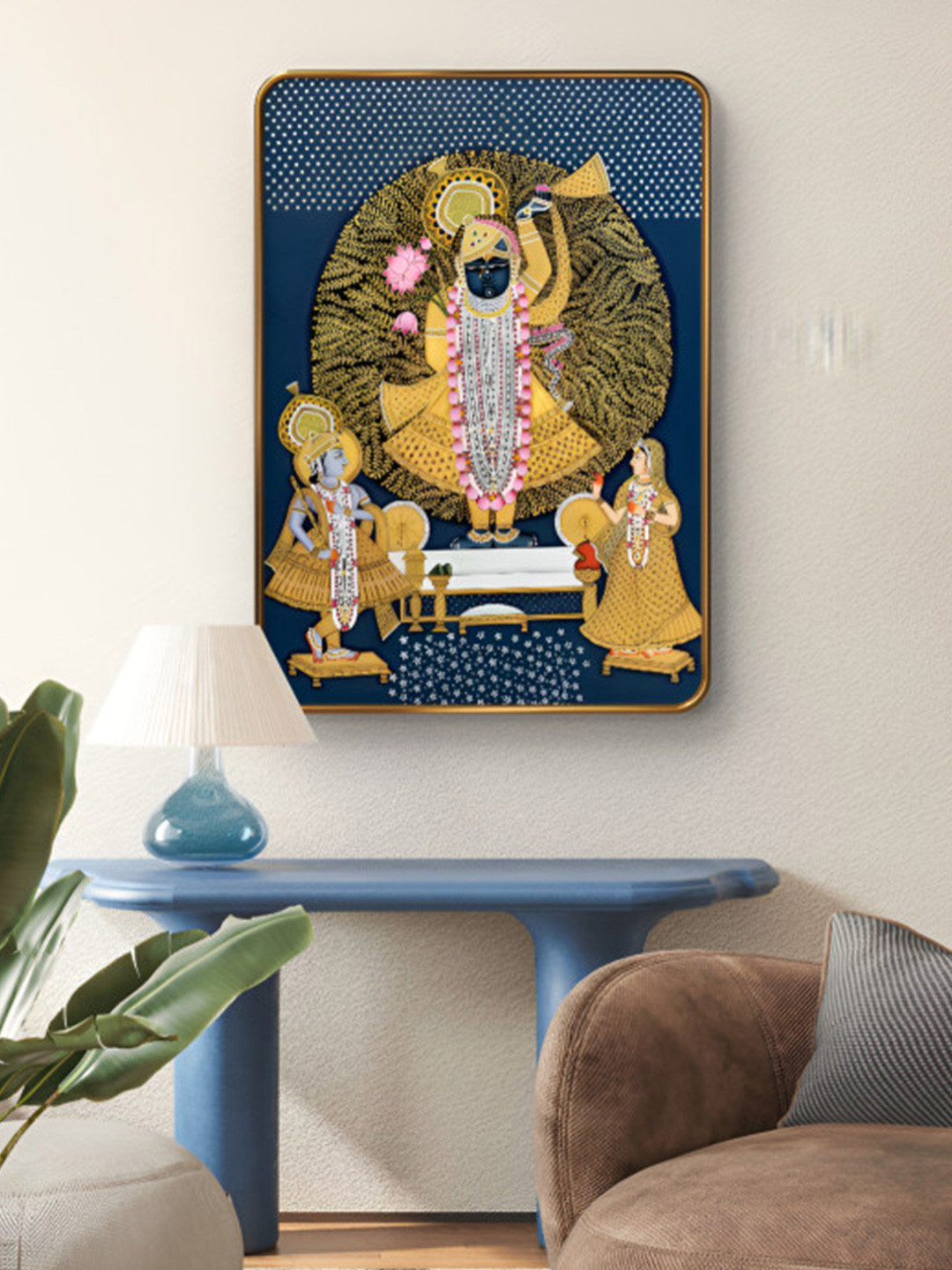 SAF Blue & Yellow Shrinath ji Pichwai Sparkle Lamination Finished Wood Wall Painting