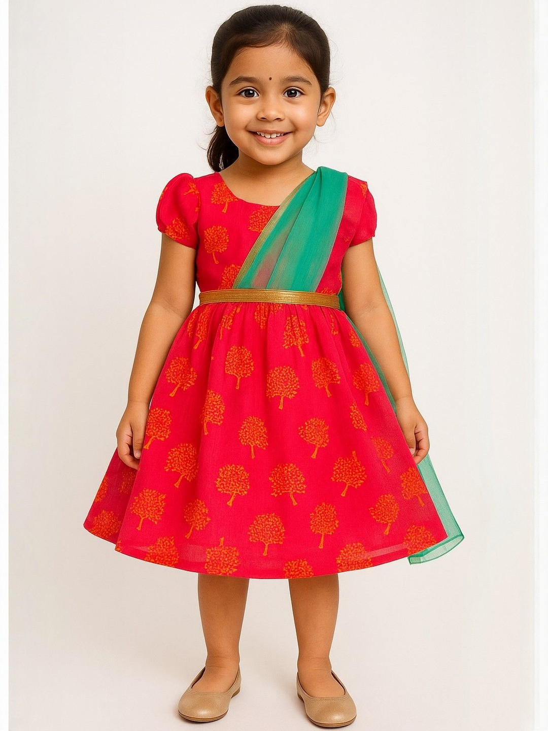My Lil Princess Girls Ethnic Motifs Print Puff Sleeve A-Line Dress