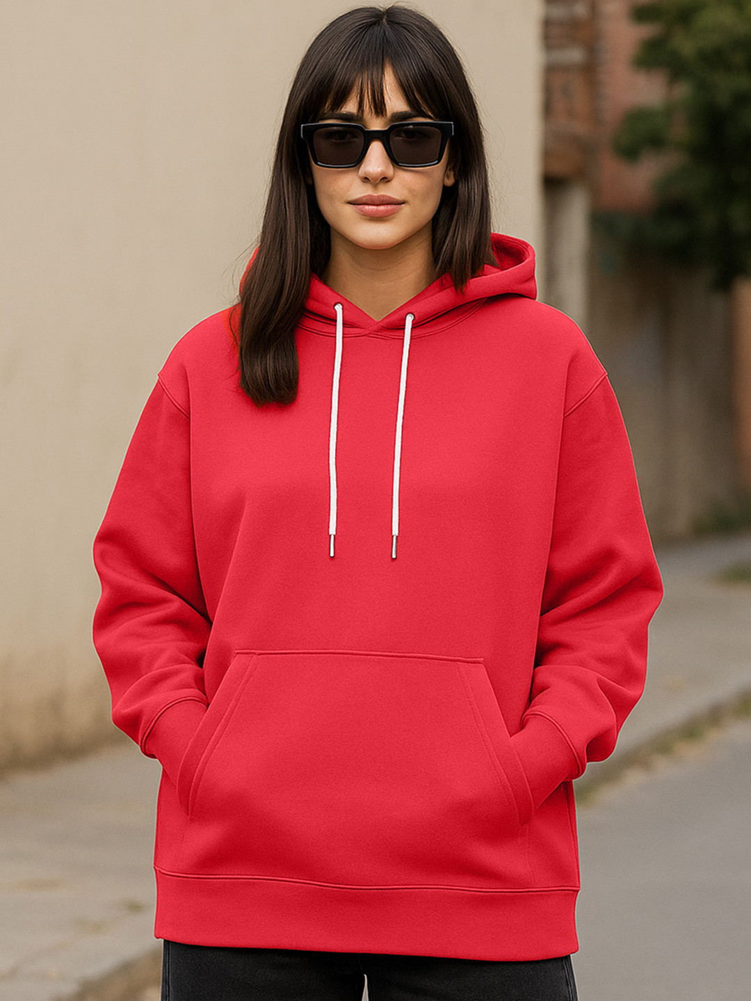 JUNEBERRY Women Red Solid Cotton Fleece Regular Fit Hooded Pullover Sweatshirt